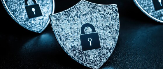 Poster - A collection of digital shields featuring padlocks, symbolizing security and protection in the online world.