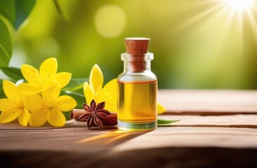 small transparent glass bottle of sandalwood oil on a wooden table, fresh yellow sandalwood flowers, eco-friendly medicinal solution, natural green background, sunny day