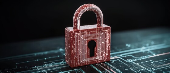 Poster - A digital lock representing security and privacy in technology, set against a backdrop of circuit patterns.