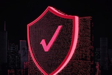 Poster - A futuristic digital shield icon glowing in neon pink, symbolizing cybersecurity and data protection in a modern cityscape.