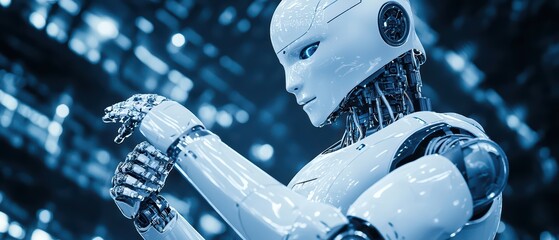 Poster - A futuristic humanoid robot interacts in a digital environment, showcasing advanced technology and artificial intelligence.