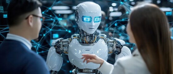 Poster - A human interacting with an advanced robot displaying intricate technology in a futuristic environment.