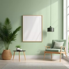 white poster frame close up in modern home interior with light green colored walls, wall mockup, 3d rendering