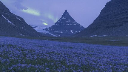 Canvas Print - A serene landscape featuring a mountain peak surrounded by a field of purple flowers under a twilight sky.