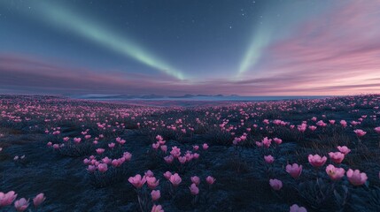 Canvas Print - A serene landscape featuring a field of pink flowers under a twilight sky illuminated by auroras.