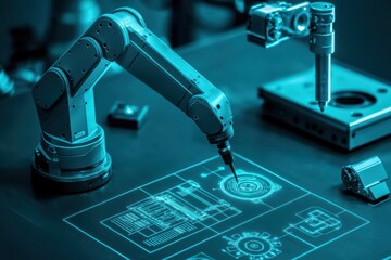 Poster - A robotic arm designs intricate blueprints in a modern workshop, showcasing advanced technology and precision engineering.