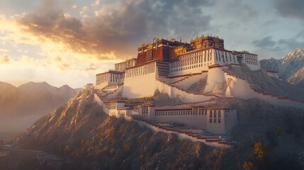 A majestic mountain monastery with intricate architecture at sunrise.