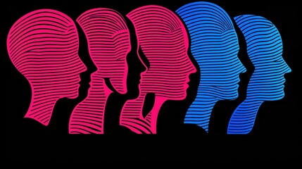 Poster - Abstract graphic design featuring a line art representation of human profiles in vibrant pink and blue hues.