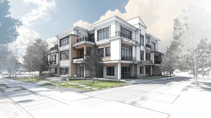 Poster - 3D illustration of a townhouse concept and sketch design
