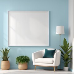 white poster frame close up in modern home interior with light blue colored walls, wall mockup, 3d rendering