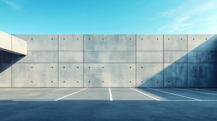 Poster - Abstract architectural design of a contemporary structure featuring an empty parking space and concrete wall complemented by a blue sky backdrop 3D rendering ideal for automotive visuals