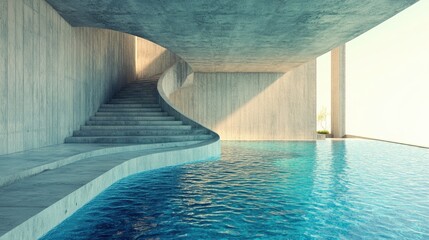 Poster - Abstract concrete interior featuring blue water Architectural design concept illustrated in 3D rendering