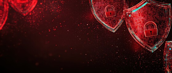 Poster - Digital illustration of glowing shields with padlocks, symbolizing cybersecurity and data protection against threats.