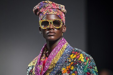 Sticker - A model showcasing a vibrant, colorful outfit and accessories on the runway.