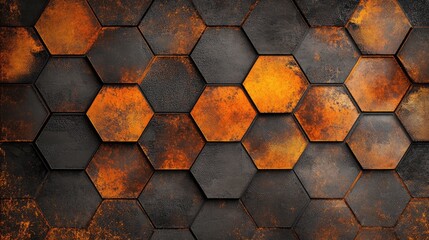 Poster - Abstract hexagonal mosaic map with a territorial plan using orange color tones created with burning hex tiles