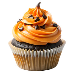 Orange halloween cupcake with black chocolate chips, transparent PNG file