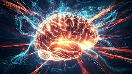 Wall Mural - A high-resolution graphic of a brain with radiant sound wave patterns and cosmic energy fields, featuring detailed lighting and shadow effects. High resolution 8K