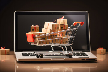 generated illustration of Shopping Online Concept, mini shopping cart on laptop