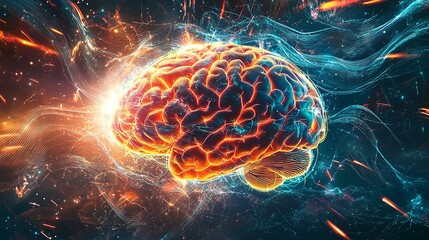 Wall Mural - A high-resolution graphic of a brain with radiant sound wave patterns and cosmic energy fields, featuring detailed lighting and shadow effects. High resolution 8K
