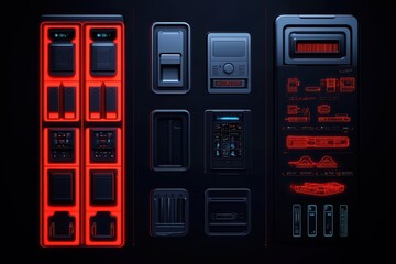 Poster - Futuristic control panel with glowing red and blue elements, perfect for sci-fi themes and technology designs.