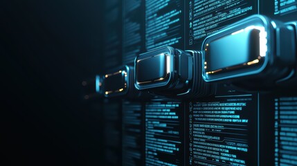 Poster - Futuristic data center visualization with glowing technology interfaces and dark background featuring digital information flow.