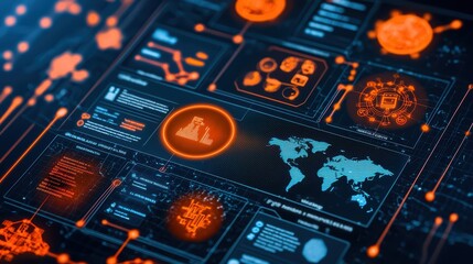 Poster - Futuristic data interface featuring global map, analytics, and vibrant graphics in orange and blue hues.