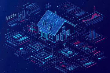 Poster - Futuristic digital house design showcasing data analytics and smart technology in a visually striking blue and pink color scheme.