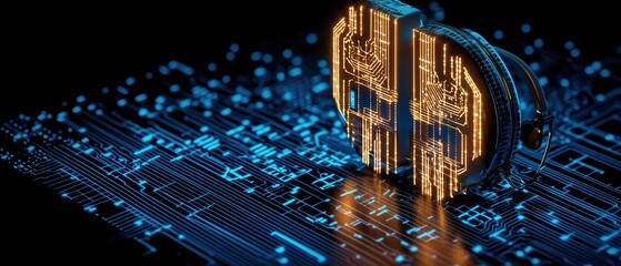 Poster - Futuristic headset with glowing circuit design on a digital circuit background, symbolizing technology and innovation.