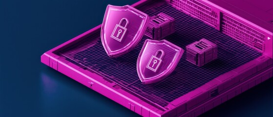 Poster - Stylish digital security shields with a modern design, representing cybersecurity and data protection in a vibrant purple background.