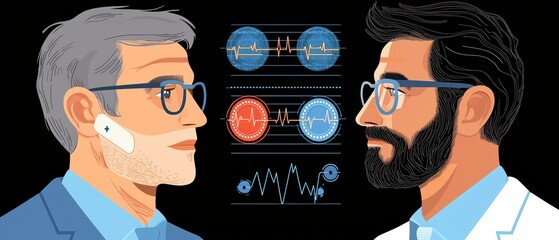 Two male doctors discussing patient health with modern medical devices and data visualization backgrounds in an illustrative style.