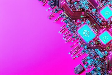 Fototapete - Vibrant electronic circuit board design featuring colorful microchips and intricate details on a pink background.