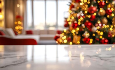 A light marble table top is featured in a cozy living room adorned with a beautifully lit Christmas tree in the background.