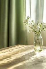 Wall Mural - A close-up shot of an empty wooden table with green curtains in the background, a vase and flowers on it, a blurred light yellow-green color scheme,