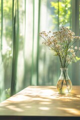 Canvas Print - A close-up shot of an empty wooden table with green curtains in the background, a vase and flowers on it, a blurred light yellow-green color scheme, 