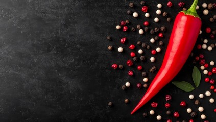 Canvas Print - Red and white chili peppers with assorted peppercorns on a dark countertop