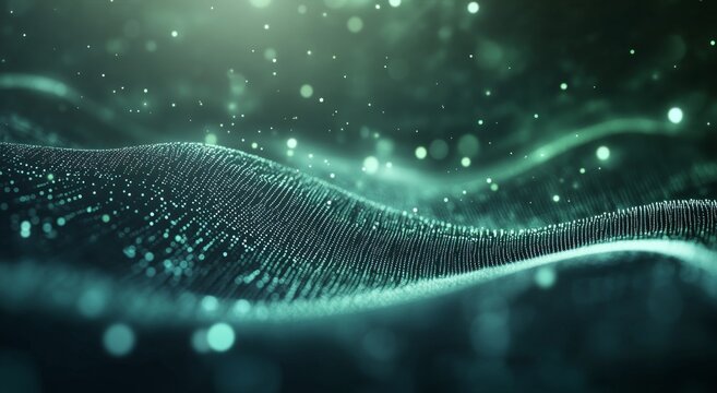 Abstract particles and glowing lines create a digital landscape at night