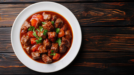 White plate with delicious beef stew with meat and vegetables, shot from above on a dark rustic wooden background with a place for text