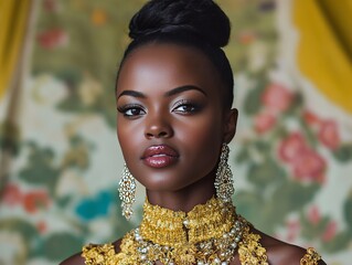 Sticker - A portrait of a woman in an elegant golden outfit with intricate jewelry.