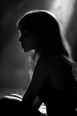 Wall Mural - a solitary figure, lost in thought, dramatic lighting, long hair, film noir style, high quality