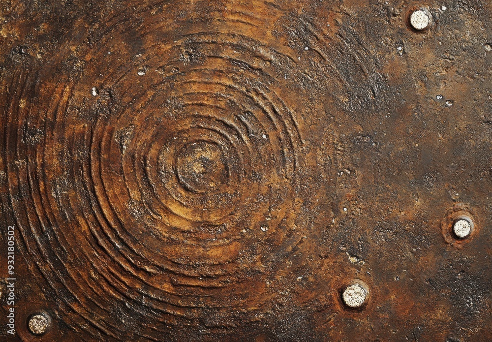 rusted metal surface with circles and small white spots on it. The ...