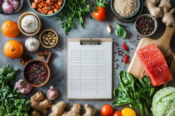 A meal planning checklist rests on a clean surface, surrounded by vibrant, fresh ingredients ready for preparation.