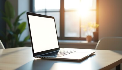 Wall Mural - laptop lying open on a neat table, in the background natural light can be seen coming in through the window, laptop with blank screen on the table near the window, 