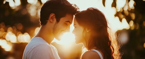 Wall Mural - Young Couple Facing Each Other in Golden Sunset Light