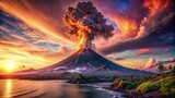 Majestic volcano erupts at sunset, casting ash and fire over the landscape. Generative AI