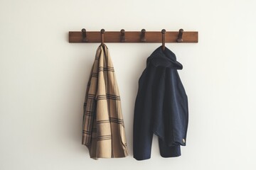 Minimalist Entryway with Two Coats Hanging on Wooden Hooks - A simple and elegant entryway with a wooden coat rack, showcasing two coats, one in a beige plaid pattern and the other in a classic navy b