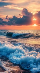 Wall Mural - Ocean waves crashing with vibrant sunset and