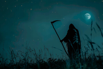 Wall Mural - A skeleton is standing in a field of tall grass at night