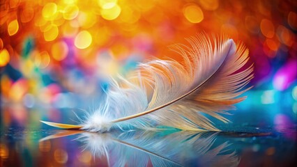 Canvas Print - Colorful feather resting on a surface with vibrant abstract background. Generative AI