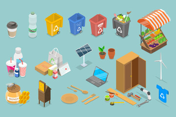 Wall Mural - 3D Isometric Flat Vector Illustration of Zero Waste Objects Collection, Eco-Friendly Products