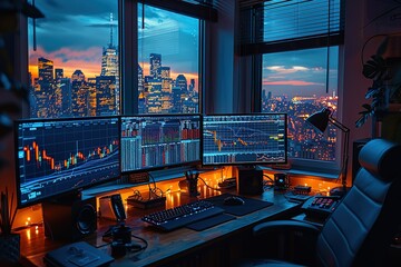 Poster - A computer desk with two monitors and a keyboard
